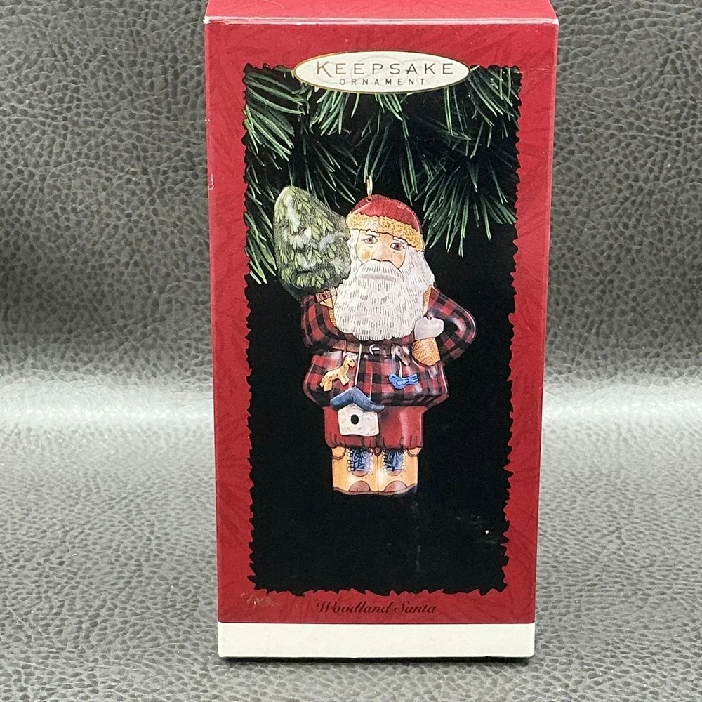 Vintage 1996 Hallmark Keepsake Woodland Santa Pressed Tin Ornament W Box
